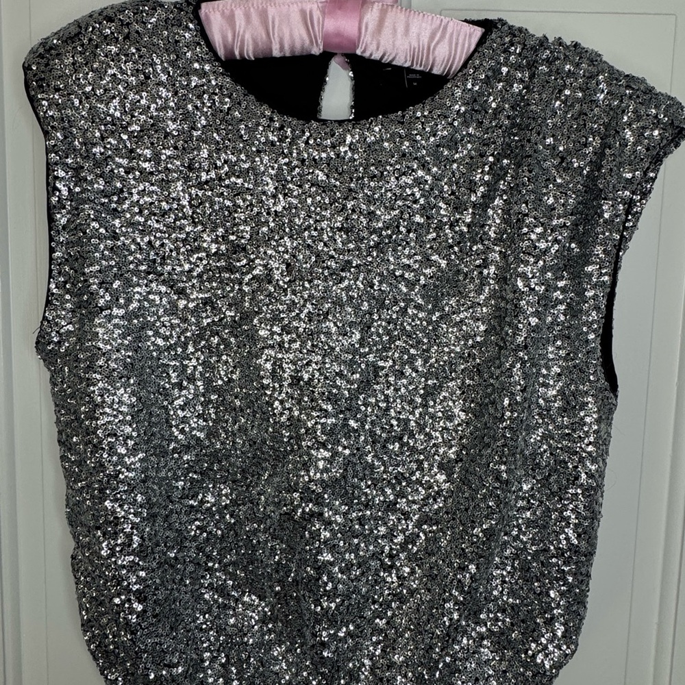 Express Asymmetrical Shimmering Silver Sequin Top